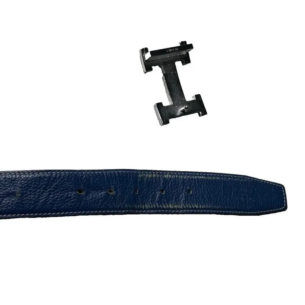 Hermes Blue / Black Reversible Belt with Silver H Buckle Sz 40 Leather Damaged